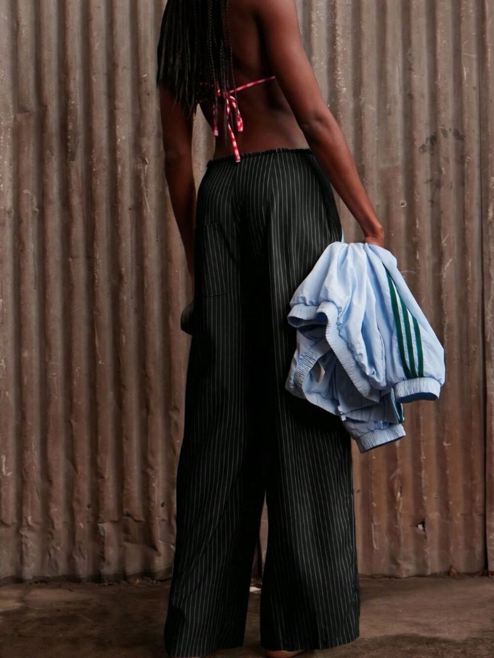 Black Casual Women's Mid Rise Wide Leg Pinstripe Pants - Picture 7 of 7